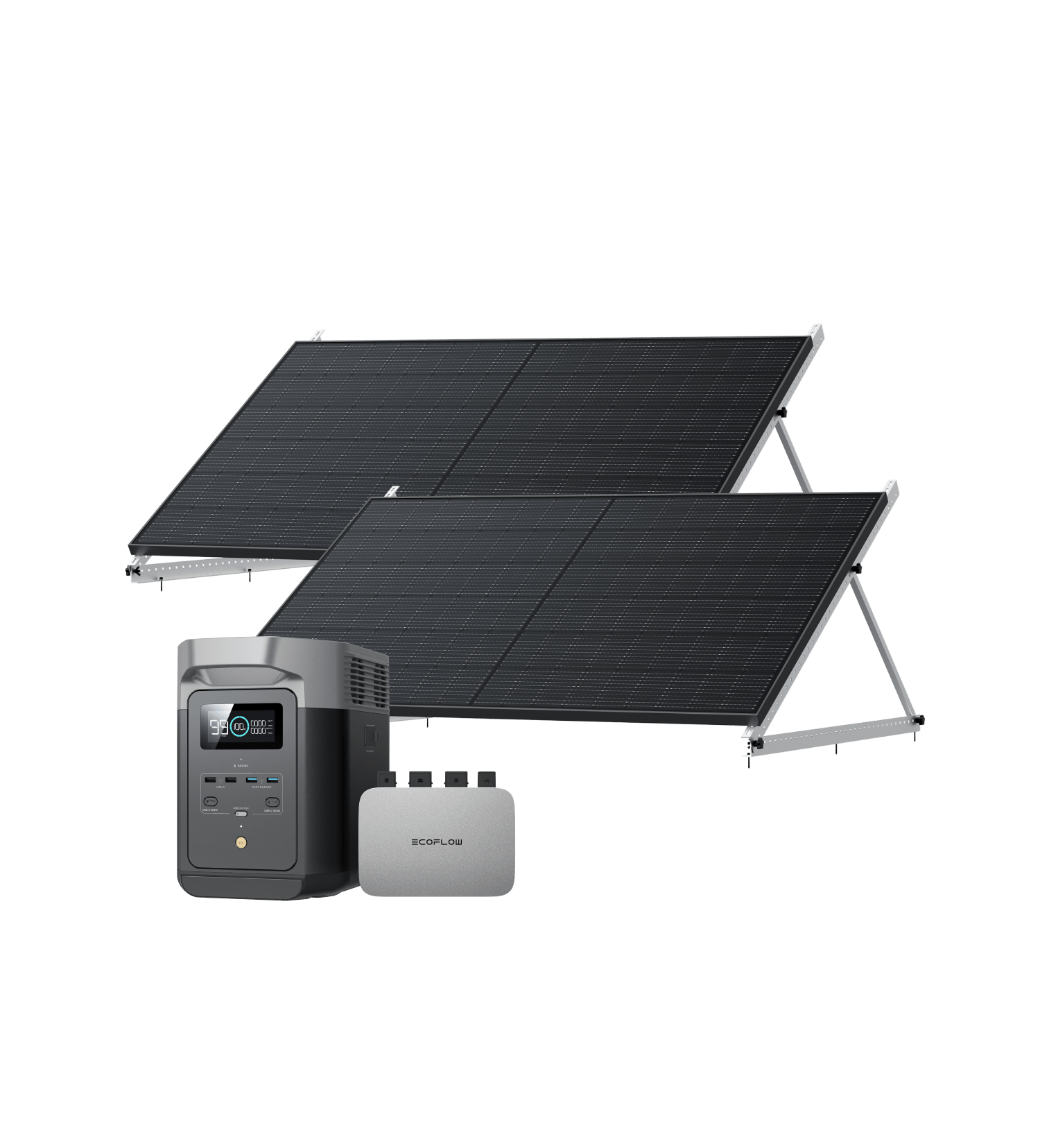 EcoFlow PowerStream Balcony Solar System with Storage 600W/800W - DELTA 2 600W + 2x 400W Rigid Solar Panel (with4 x Mounting feet) + DELTA 2 / 2 x 50" Tilt Mount Bracket / Incl. VAT