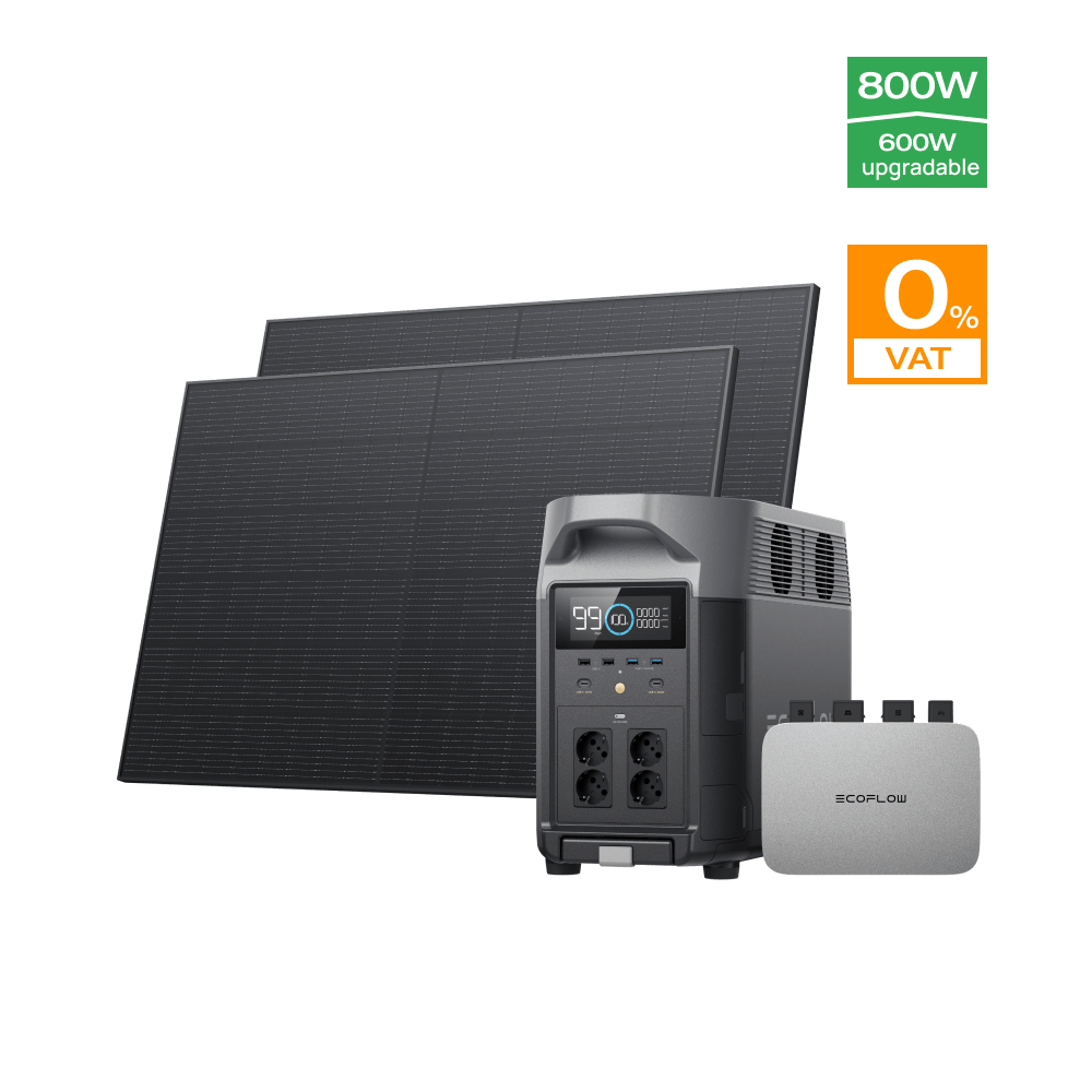 EcoFlow PowerStream Balcony Solar System with Storage 600W/800W - DELTA Pro 0 % VAT (Only Germany) / 600W + 2x 400W Rigid Solar Panel (with 4 x mounting feet) + DELTA Pro / No