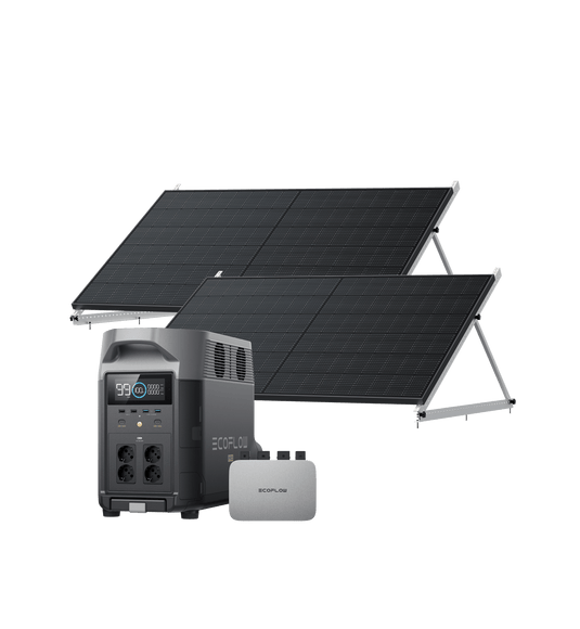 EcoFlow PowerStream Balkonkraftwerk mit Speicher 600W/800W - DELTA Pro 600W + 2x 400W Starres Solarpanel (mit 4 x Montagefüße) + DELTA Pro (mit Batteriekabel) / 50" Kipphalterung / Mit MwSt.