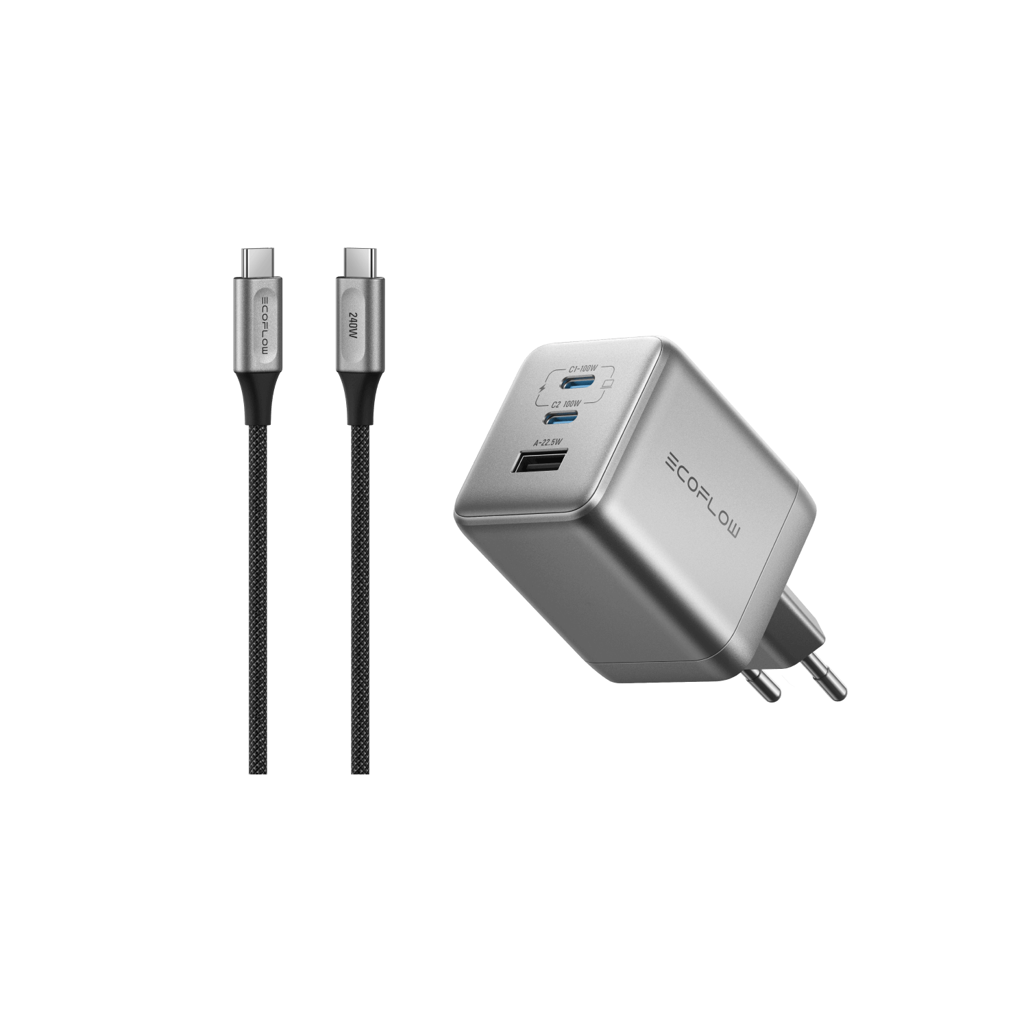 EcoFlow RAPID Pro Charger (100W, 3 Ports, GaN) RAPID Pro 100W Charger + 240W USB-C to USB-C Nylon Cable